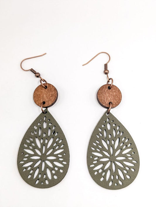 Beautiful Green Leather and Wood Earrings