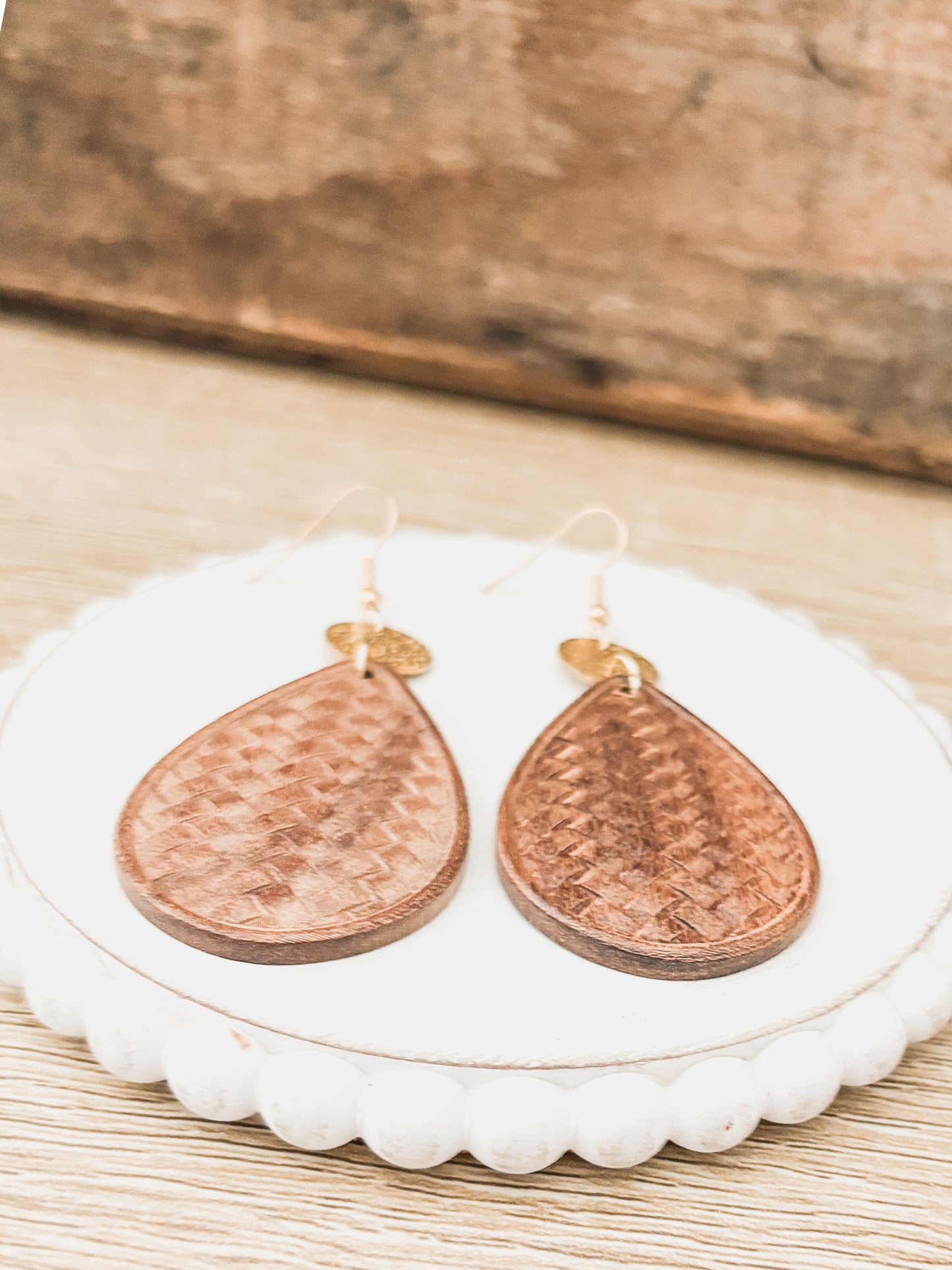 Beautiful Patterned Brown Wood and Gold Drop Earrings