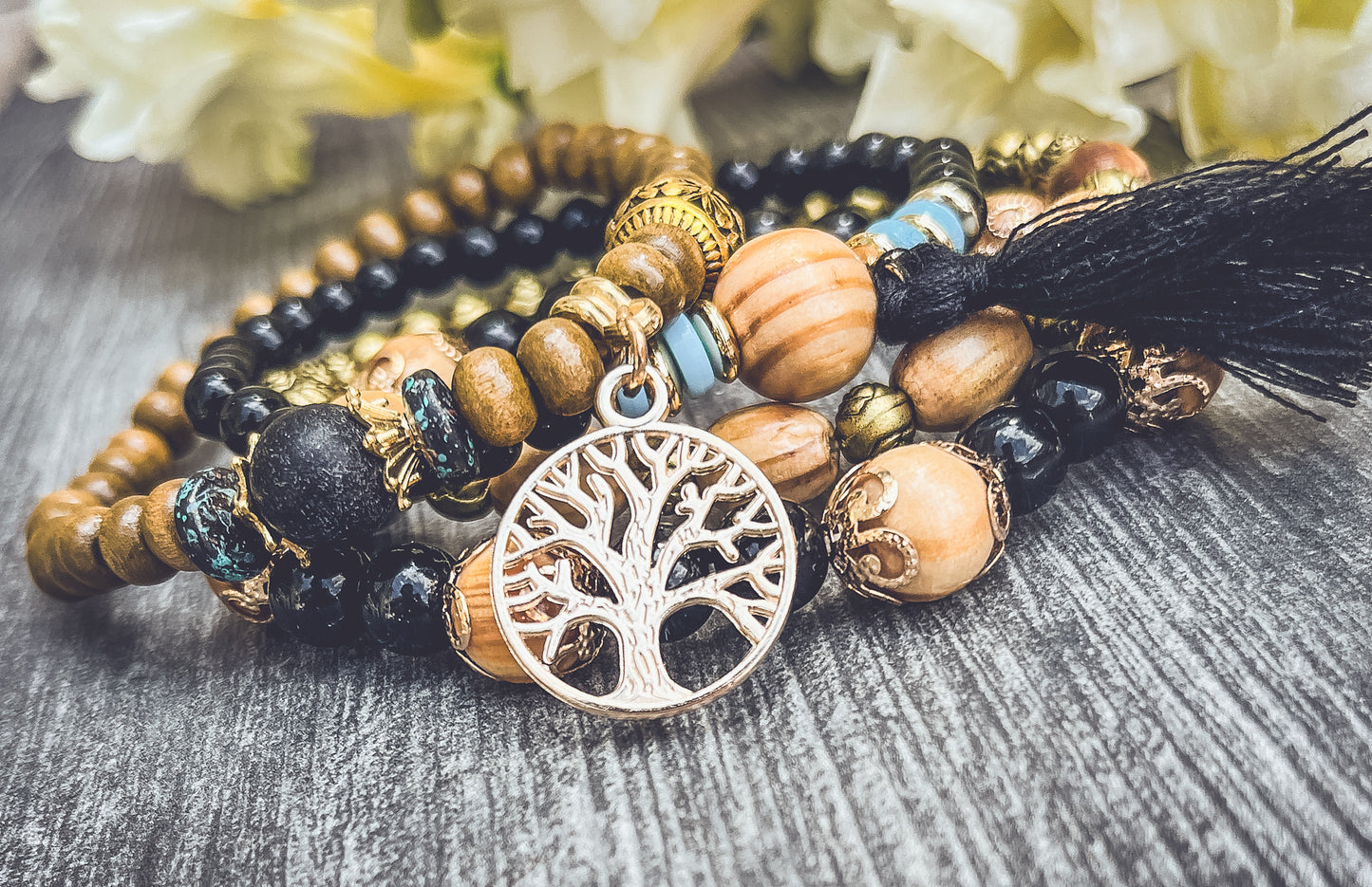 Beautiful Black and Wood Tree of Life Bracelet Set