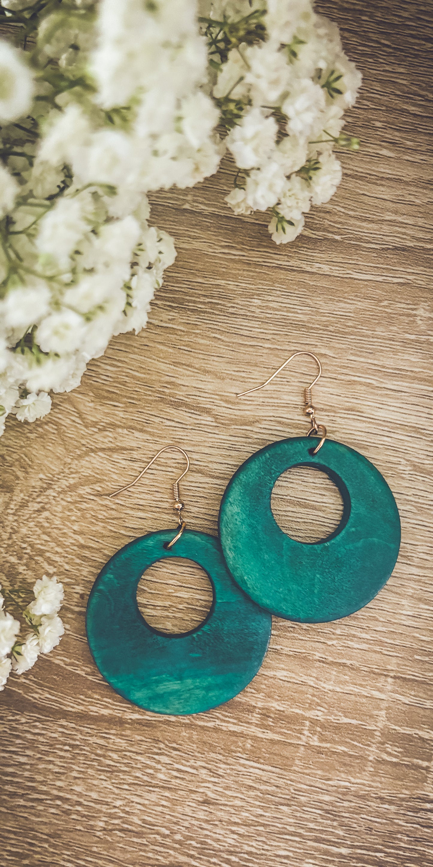 Beautiful Turquoise Wood Circle Earrings