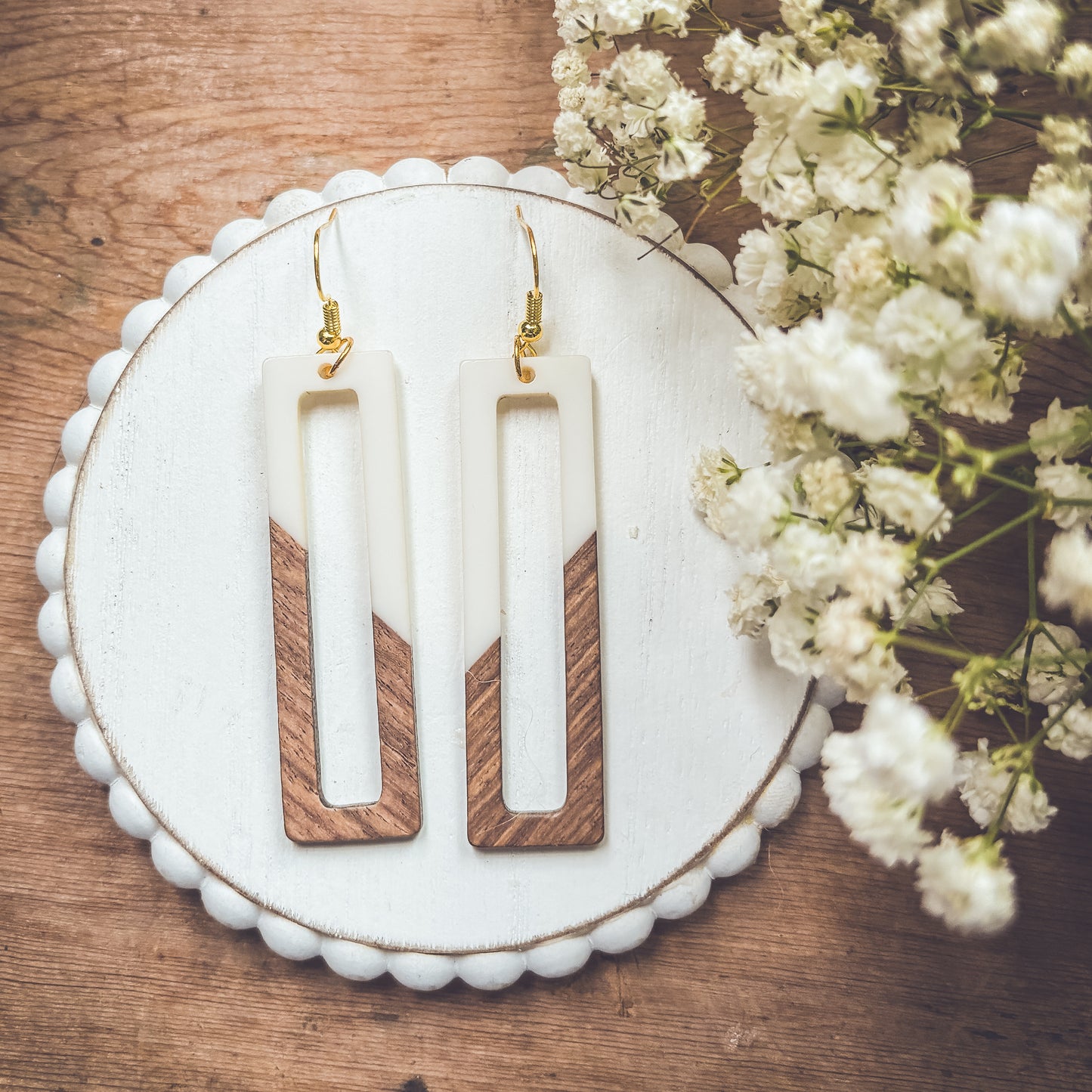 Rectangular White Resin and Wood Earrings