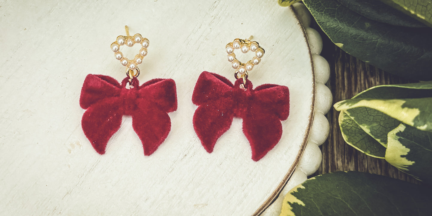 Beautiful Red Bow and Heart Pearl Earrings