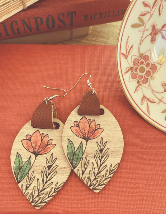 Beautiful Wood and Leather with Painted Peach Flower Drop Earrings