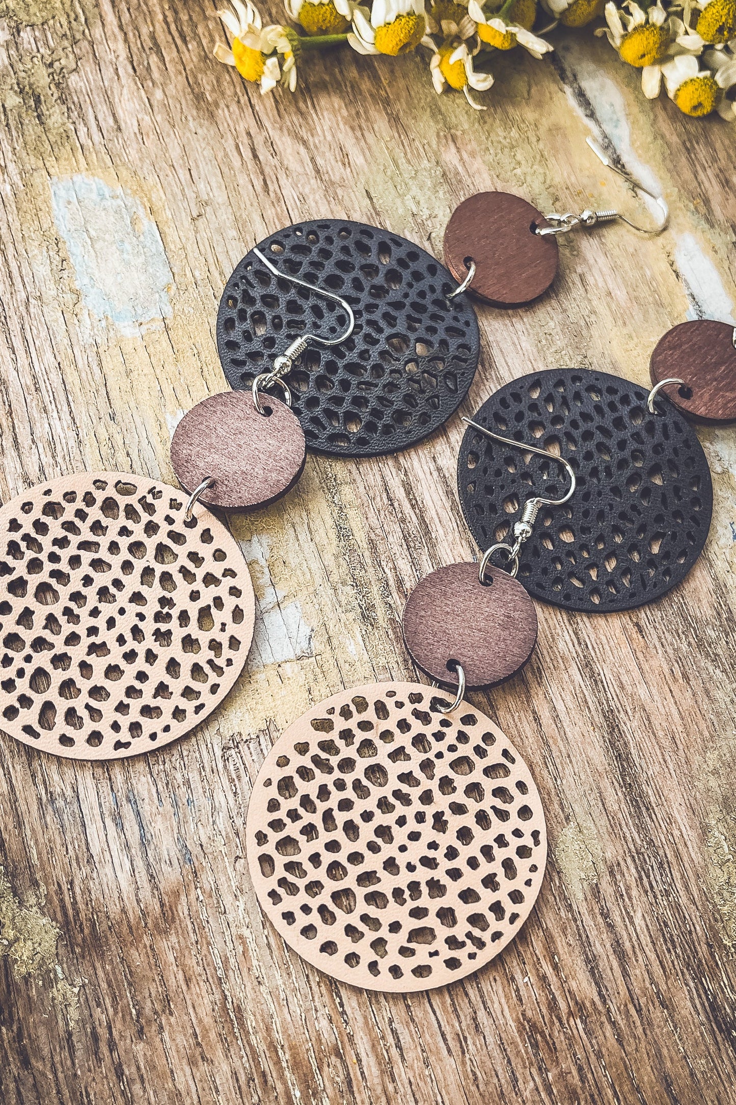 Beautiful Black Leather and Wood Earrings