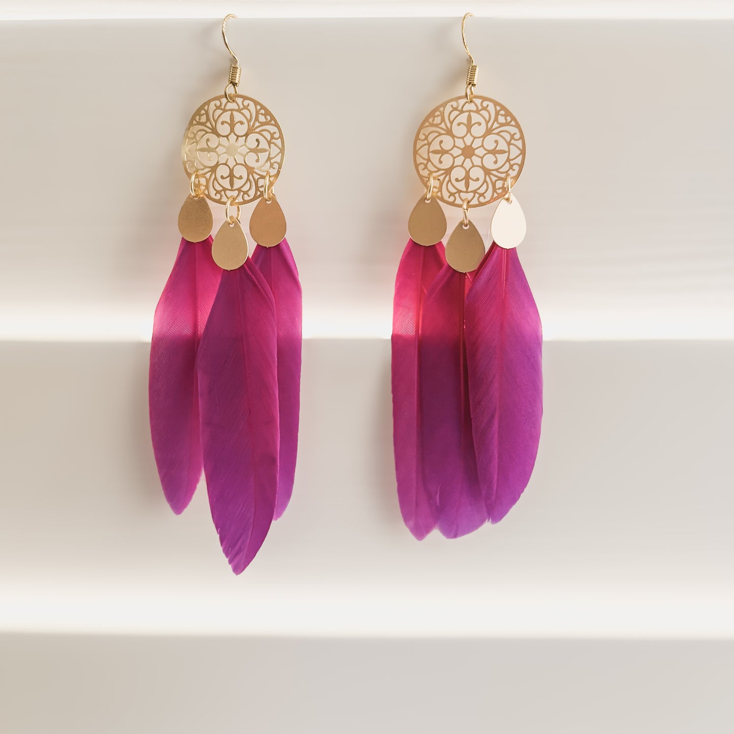 Beautiful Gold and Pink Feather Earrings