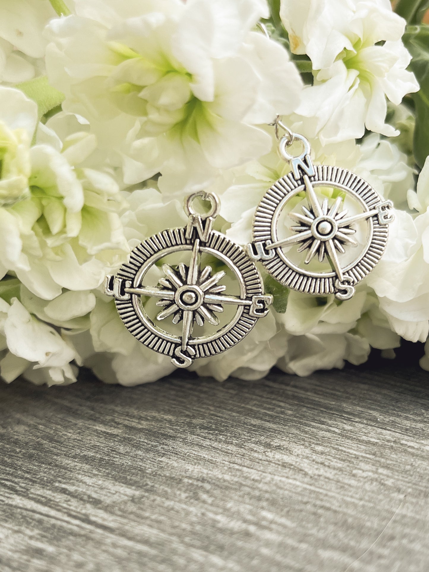 Beautiful Antique Finish Compass Earrings in Gold or Silver