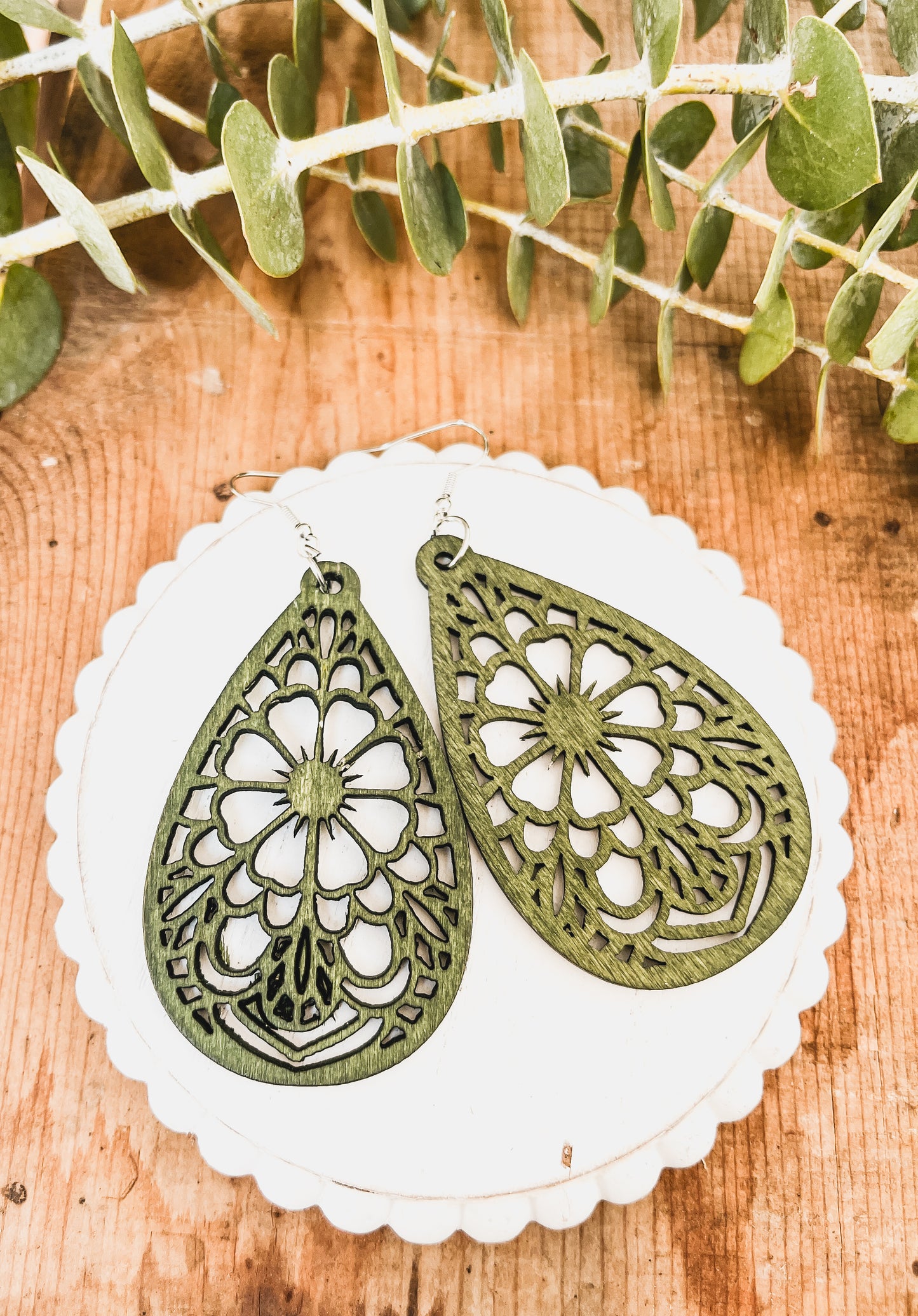 Beautiful Green Laser Cut Wood Floral Earrings