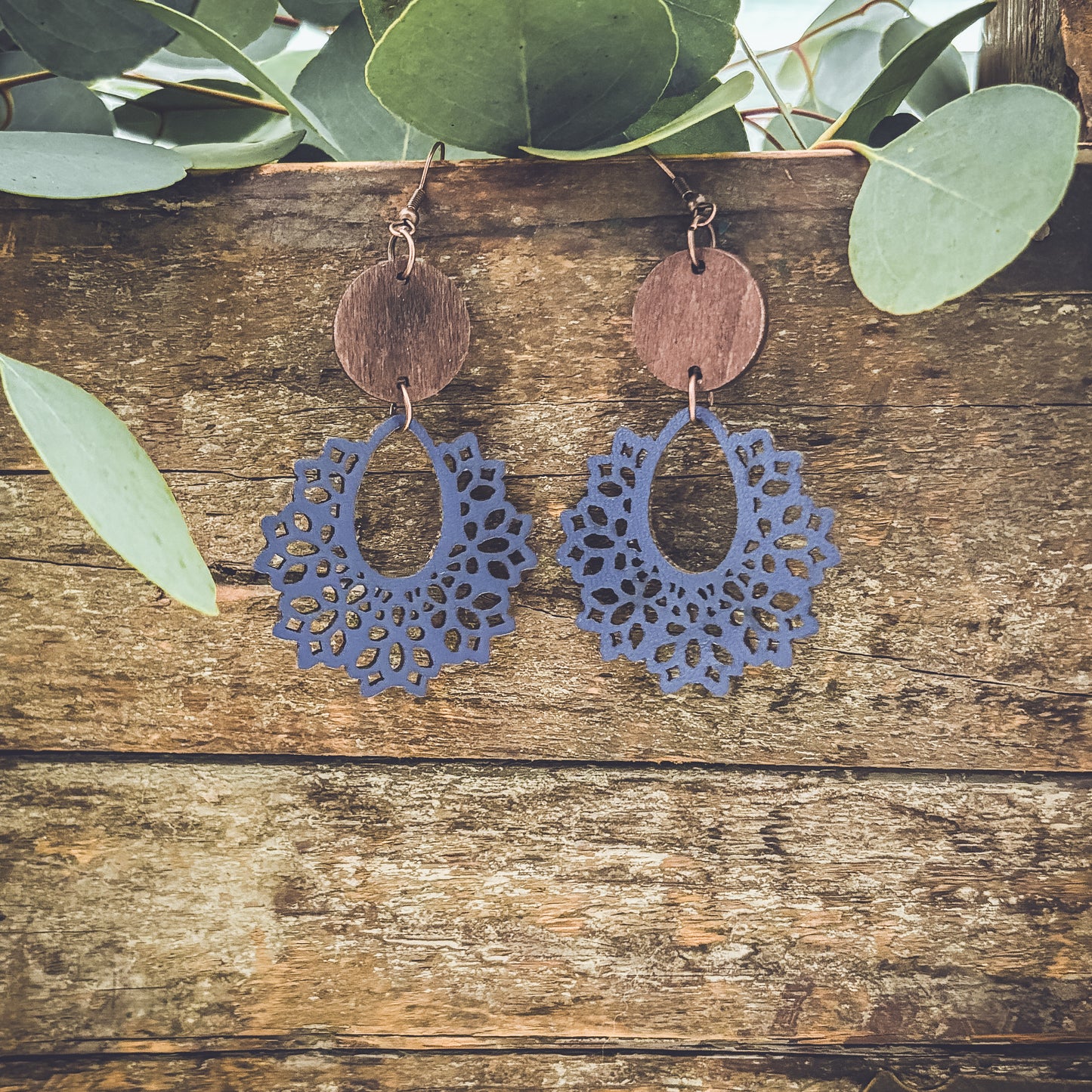 Beautiful Blue Wood and Leather  Earrings