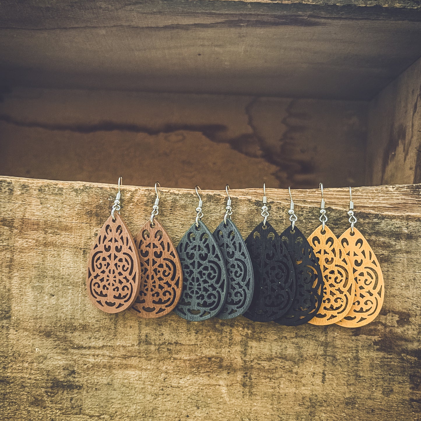 Set of Four Beautiful Carved Wood Earrings