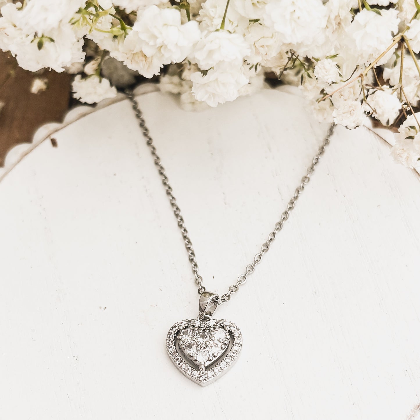 Beautiful Silver Rhinestone Heart Necklace