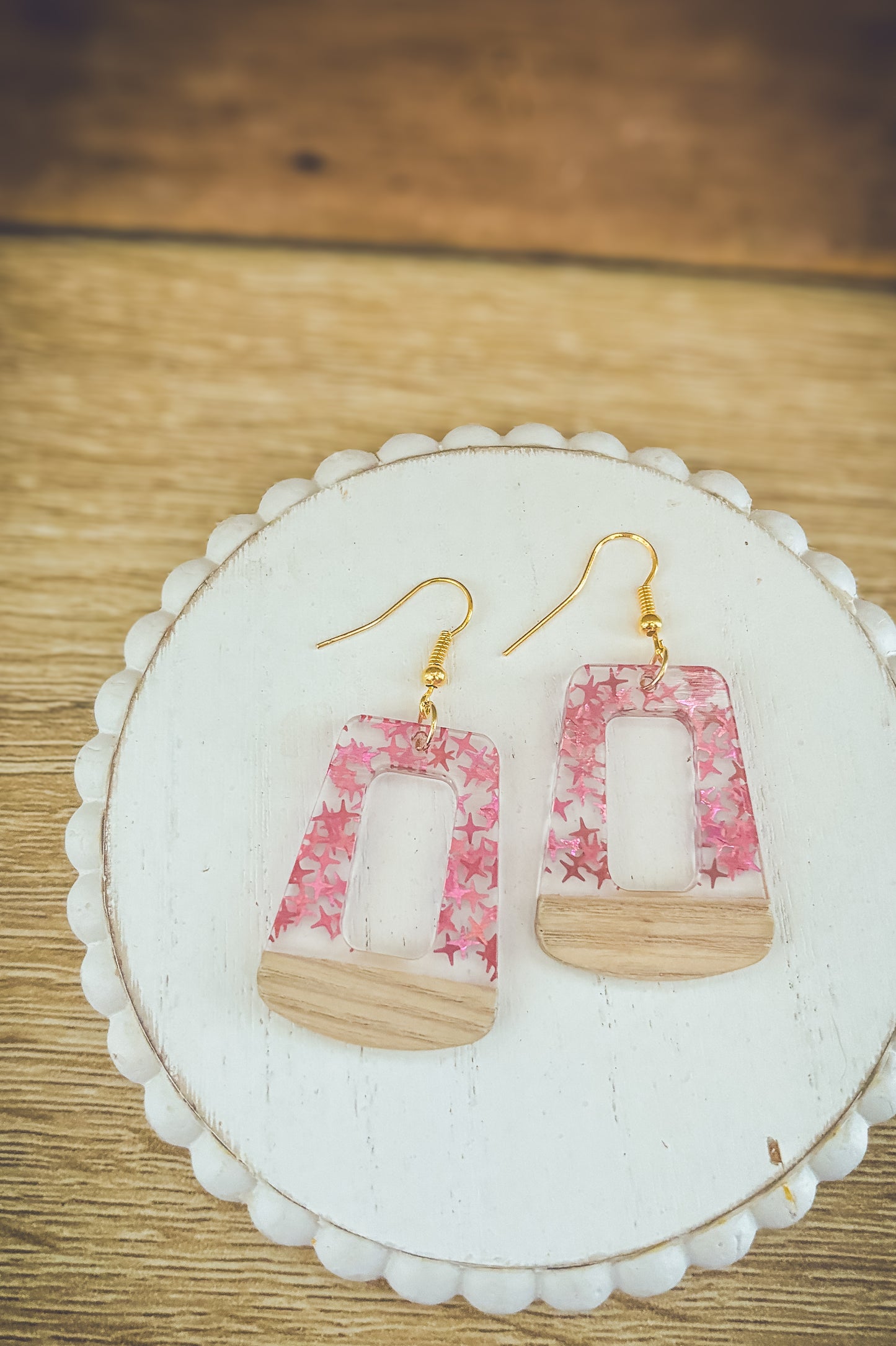 Beautiful Wood and Pink Fleck Resin Earrings