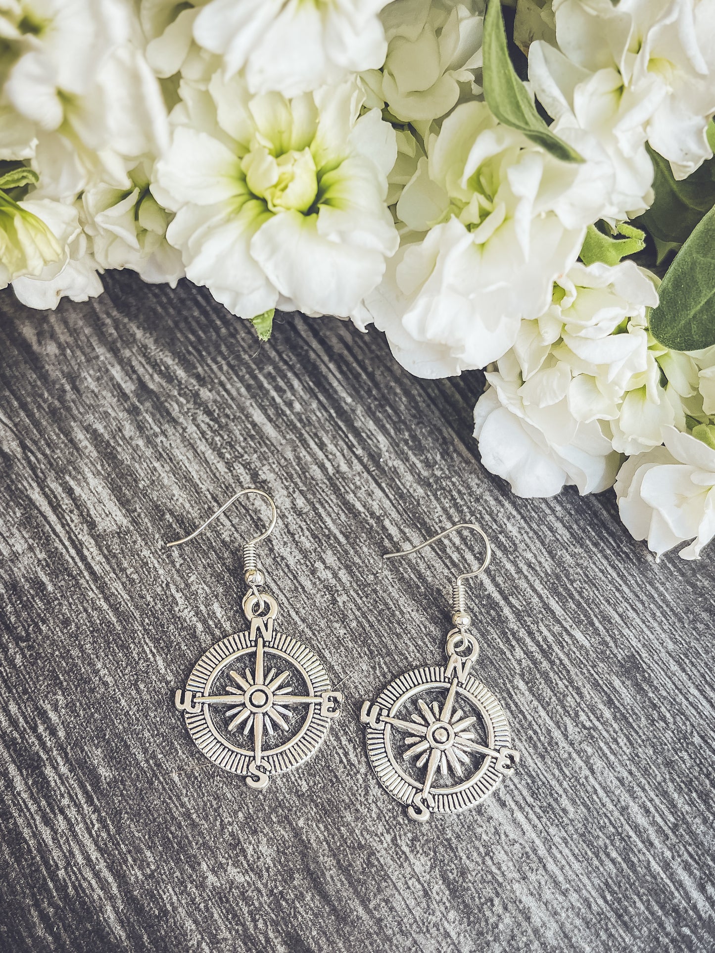 Beautiful Antique Finish Compass Earrings in Gold or Silver