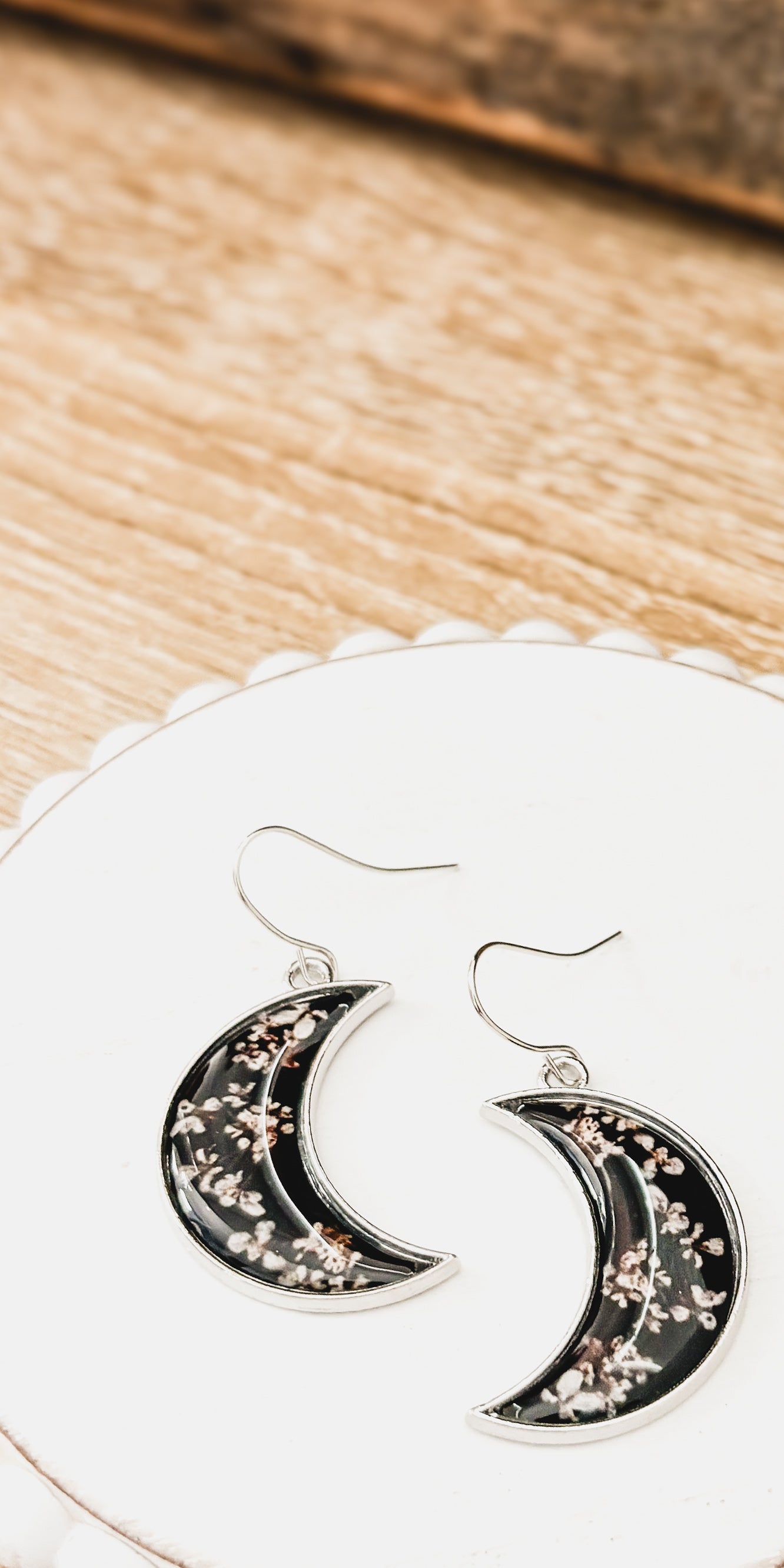 Midnight Moon Crescent Earrings with Pressed Flowers