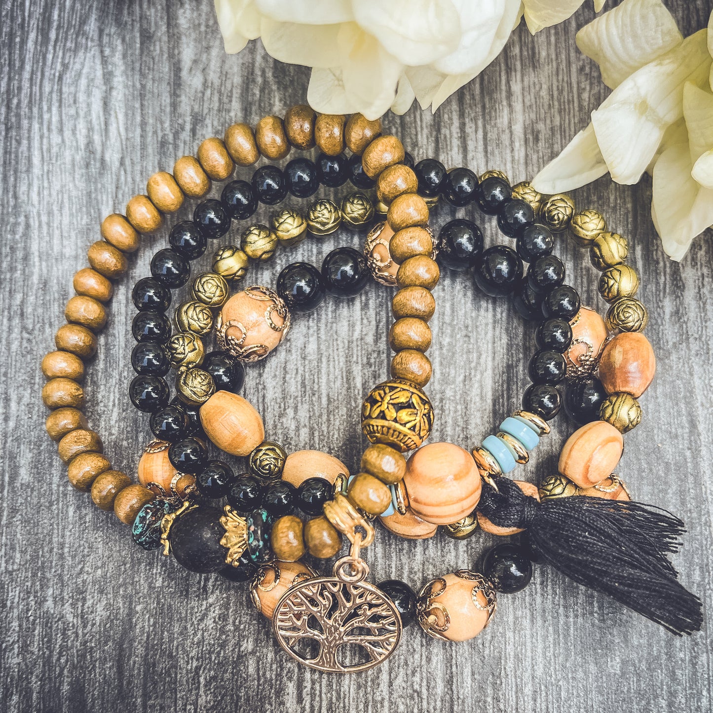 Beautiful Black and Wood Tree of Life Bracelet Set