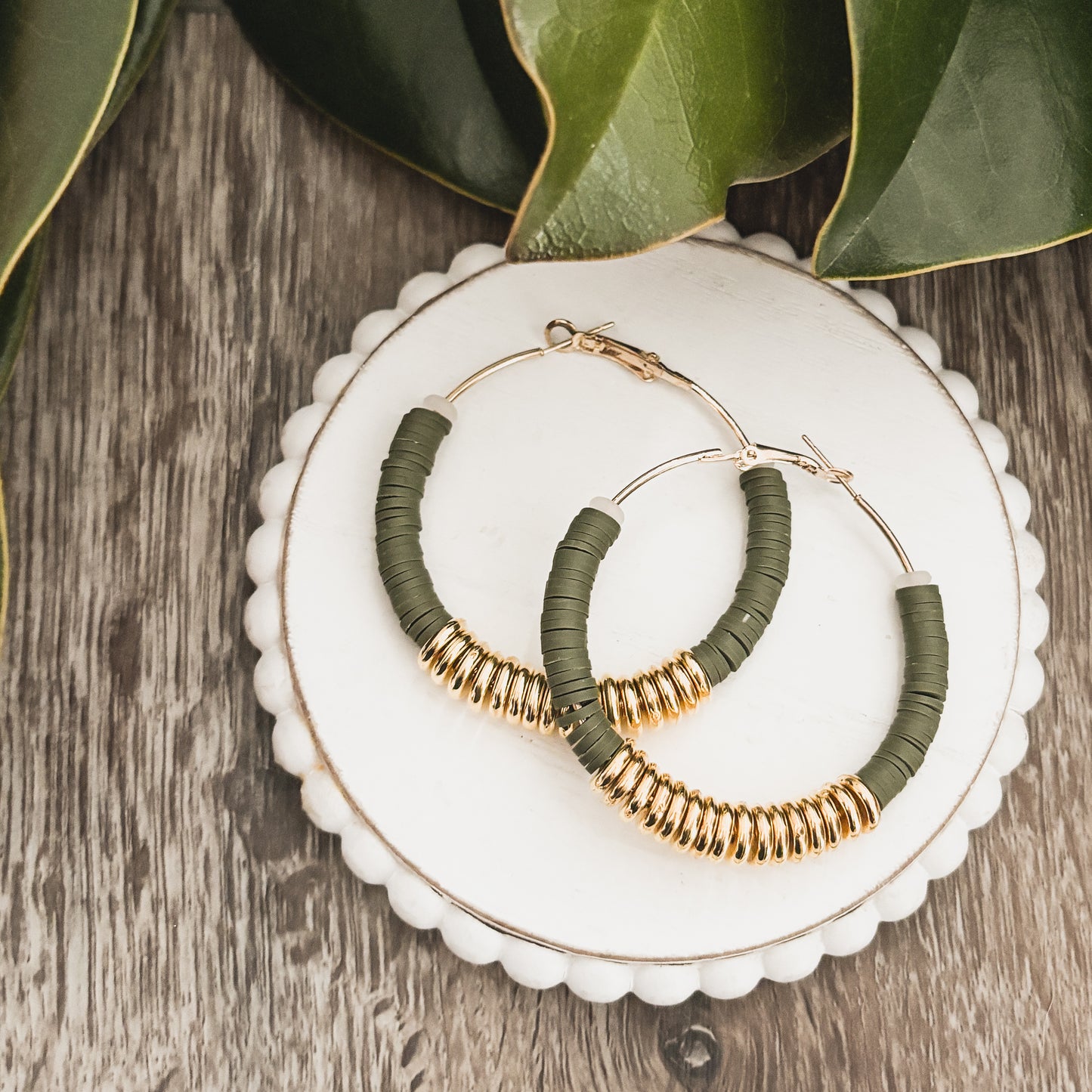 Beautiful Green and Gold Clay Hoops