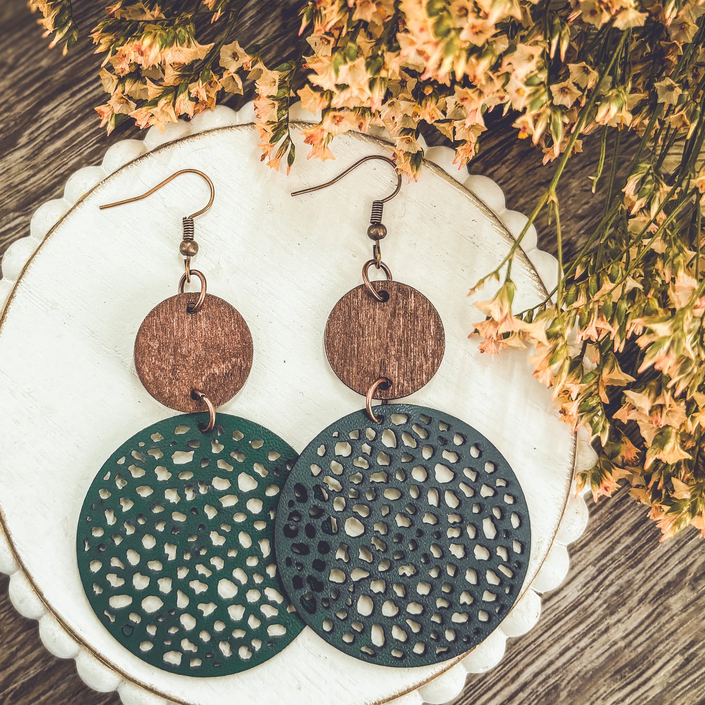 Beautiful Green Leather and Wood Earrings