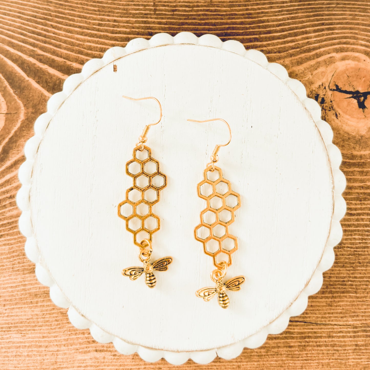 Gold or Silver Honeybee Honeycomb Earrings