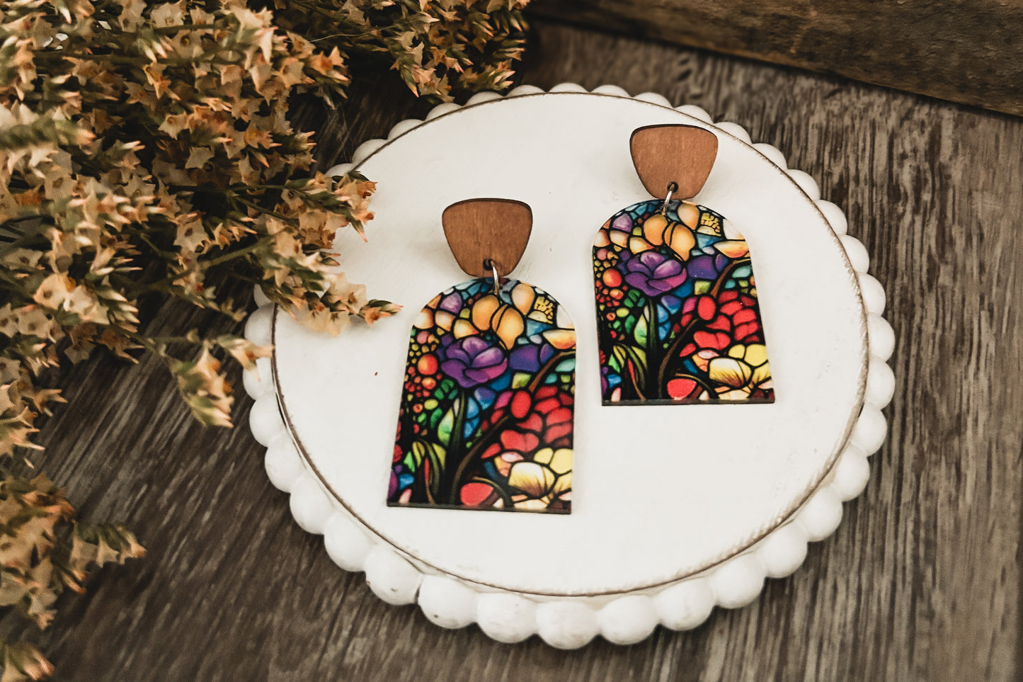 Beautiful Wood and Stained Glass Effect Earrings