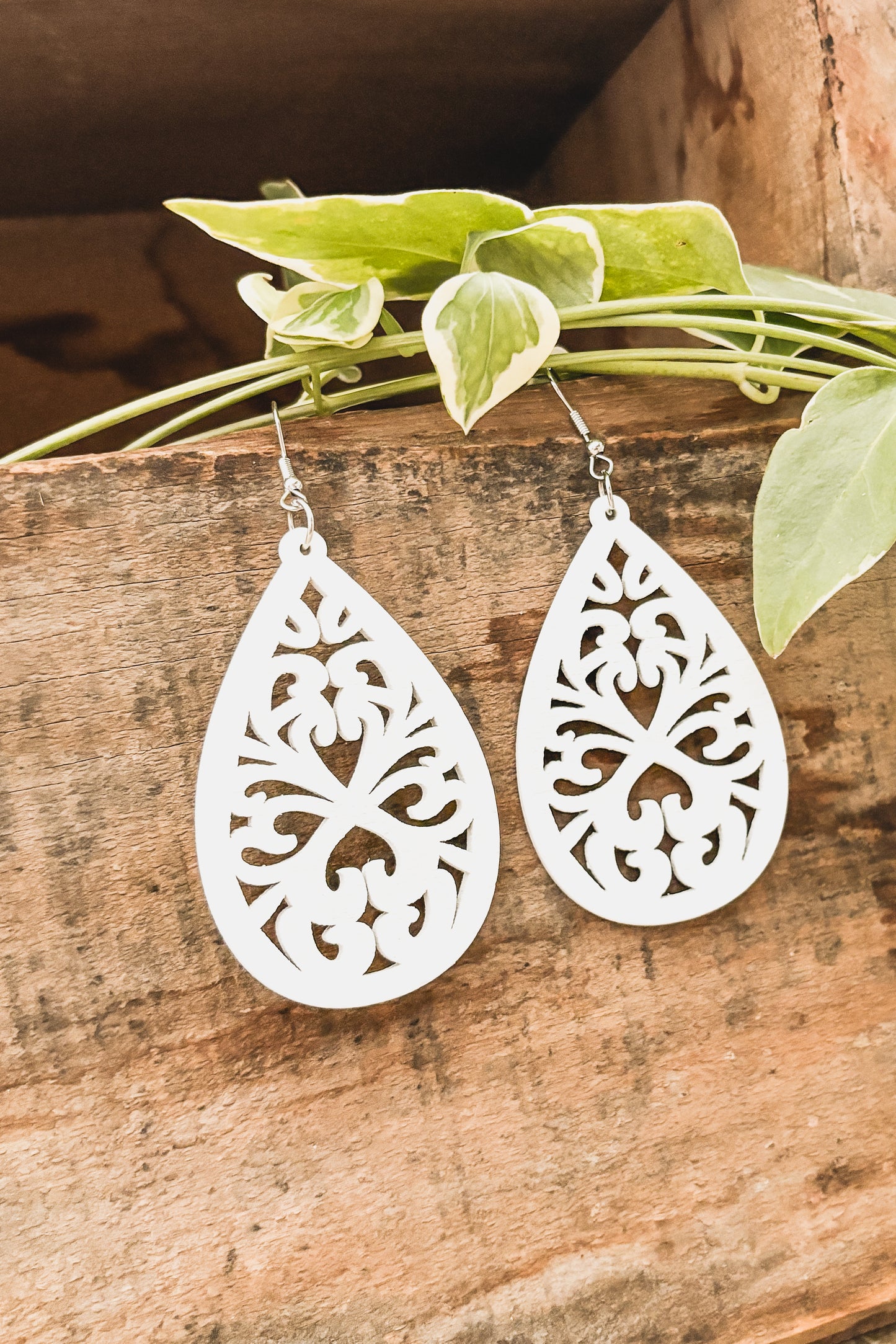 Beautiful White Wood Laser Cut Drop Earrings