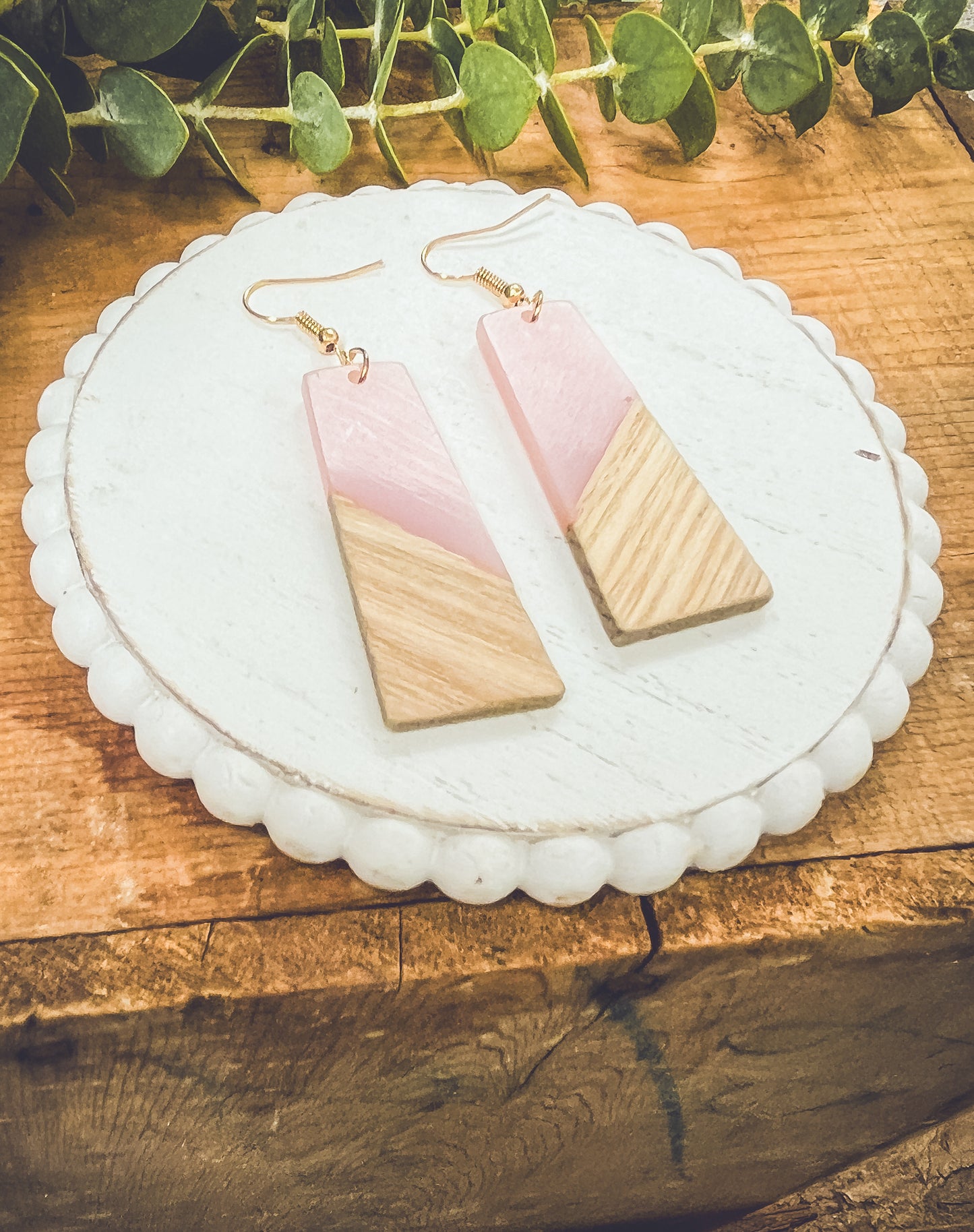 Beautiful Pink Resin and Wood Earrings