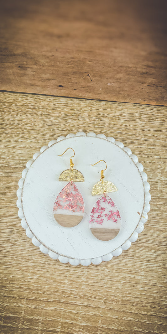 Beautiful Wood and Pink Fleck Resin Earrings