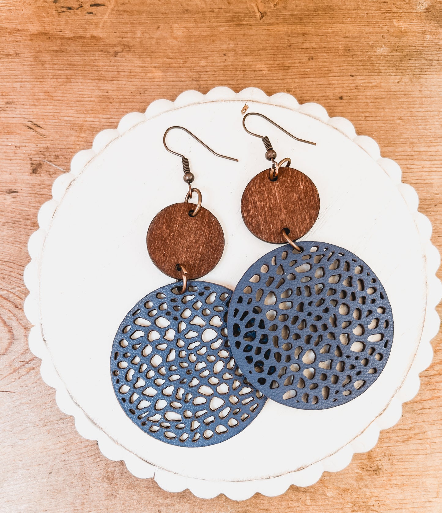 Beautiful Navy Blue Leather and Wood Earrings