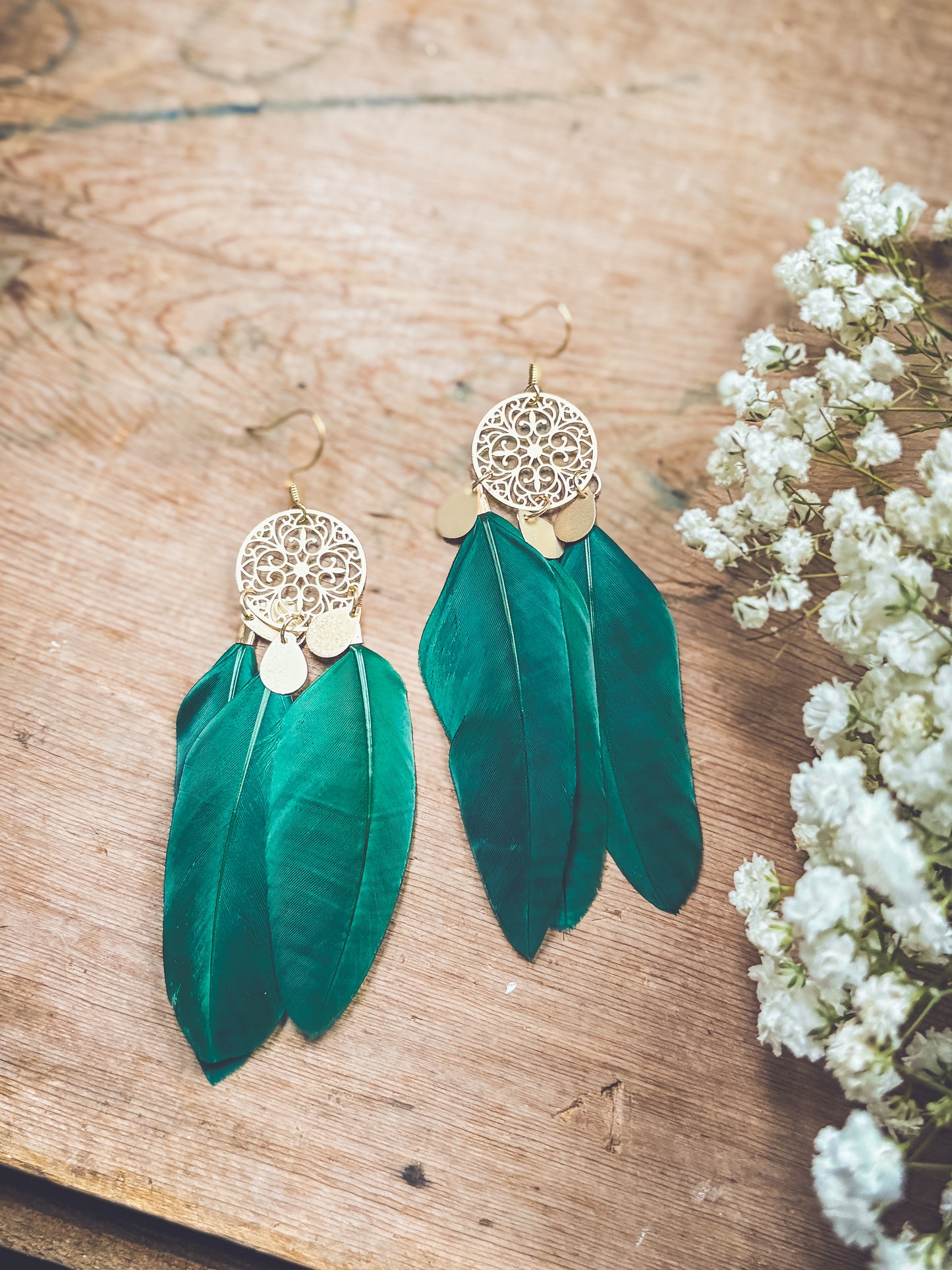 Beautiful Gold and Green Feather Earrings