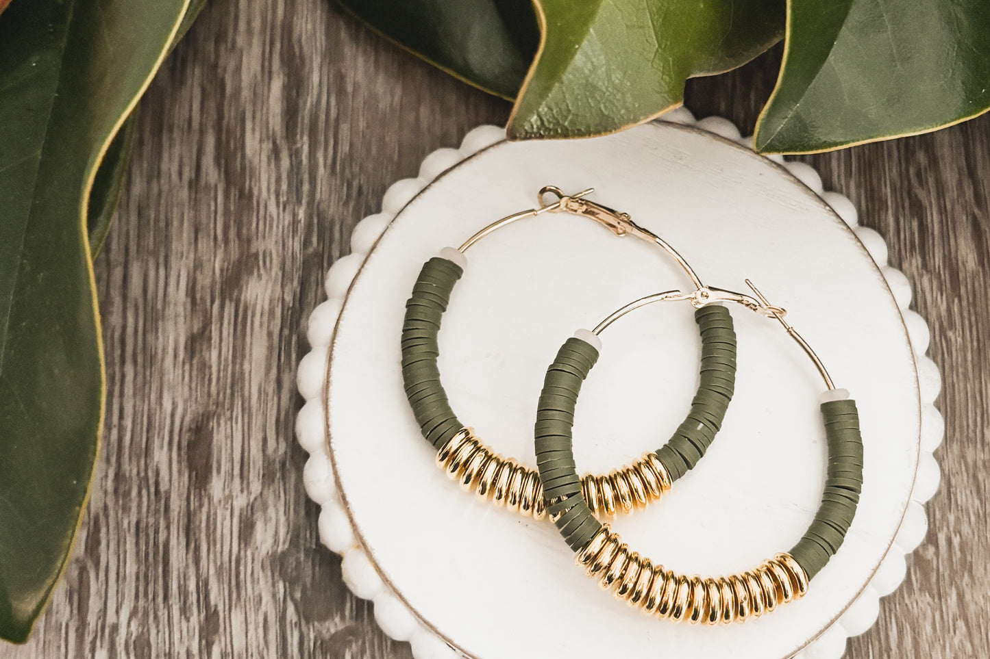 Beautiful Green and Gold Clay Hoops