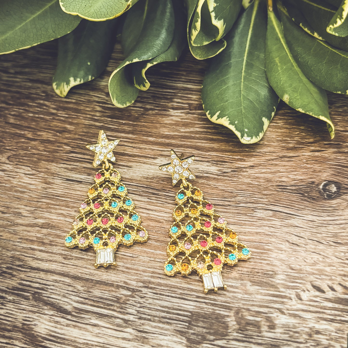 Beautiful Gold and Crystal Christmas Tree Earrings