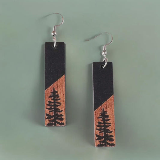 Beautiful Black and Wood Tree Earrings
