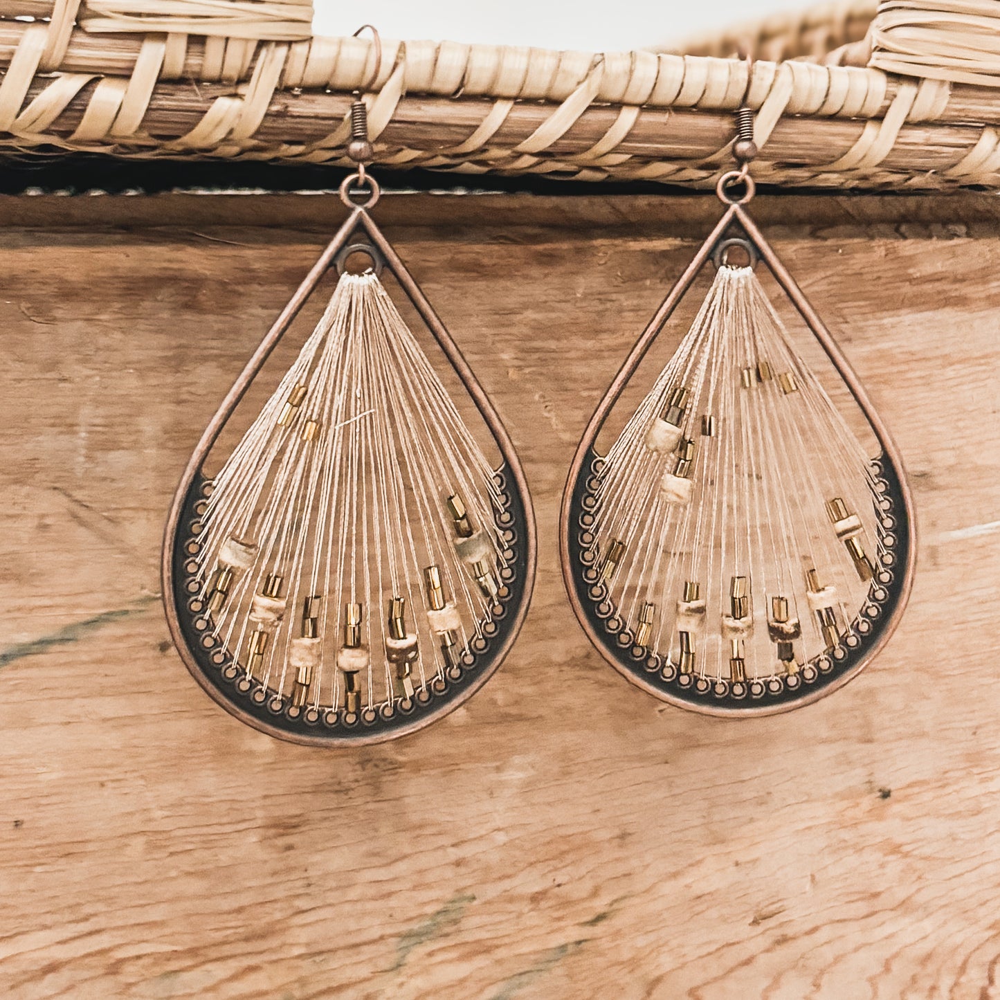 Large String and Wood Drop Earrings