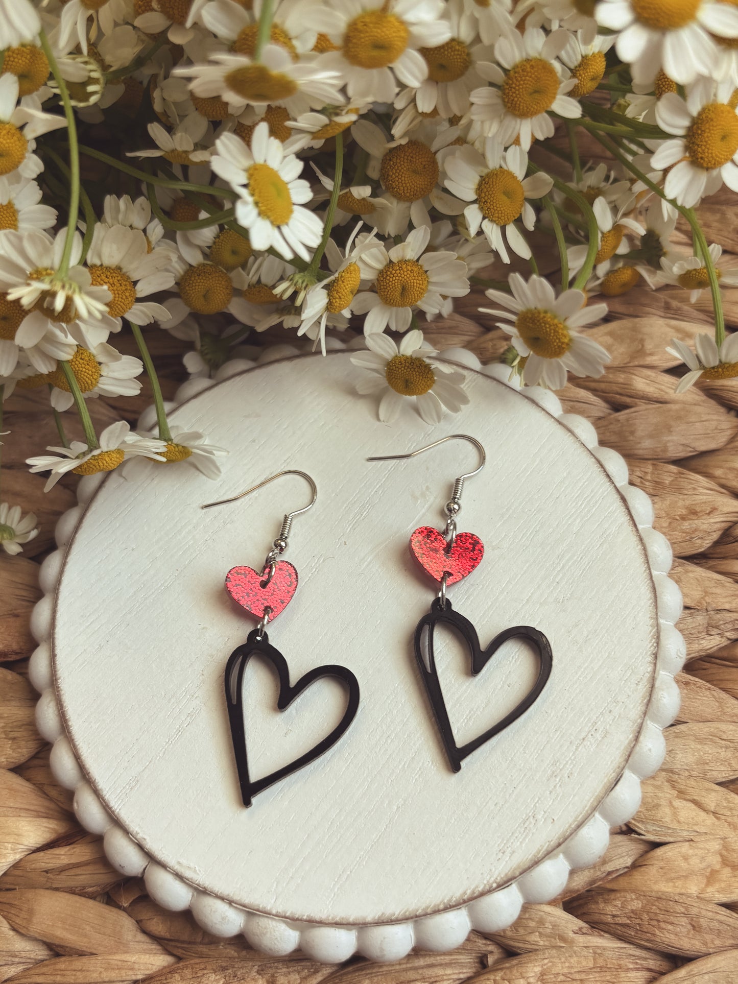 Adorable Black and Red Heart Drop Earrings