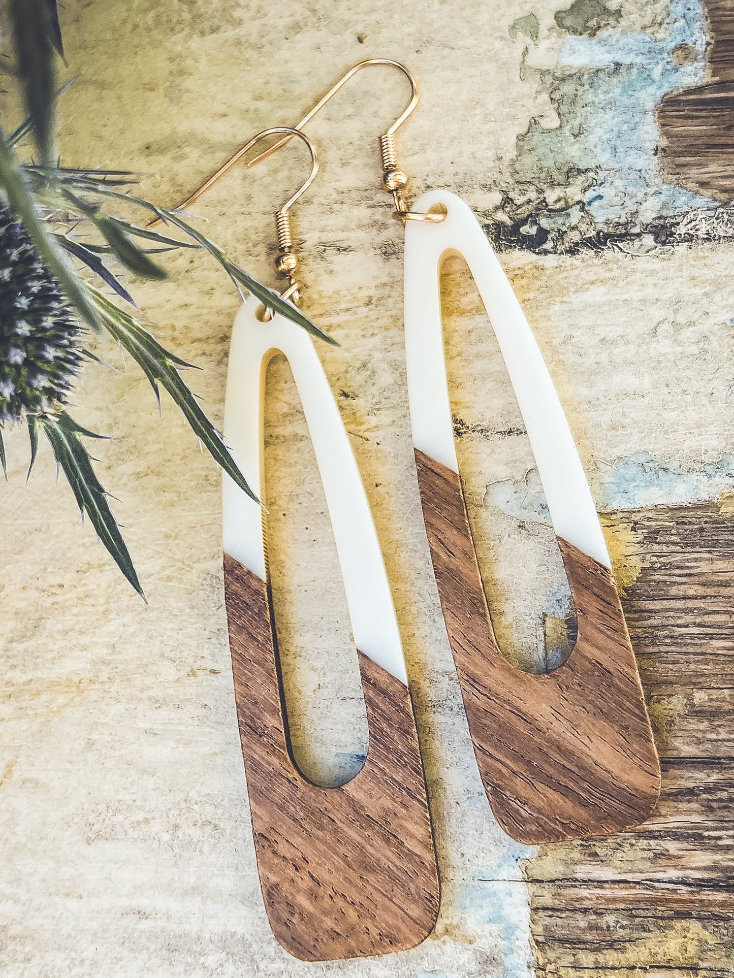 Beautiful White Wood and Resin Earrings