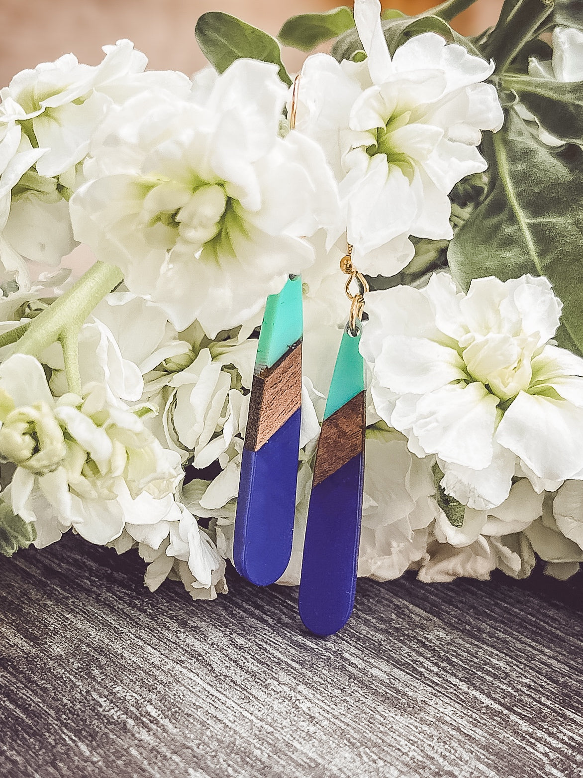 Beautiful Blue Resin and Wood Earrings