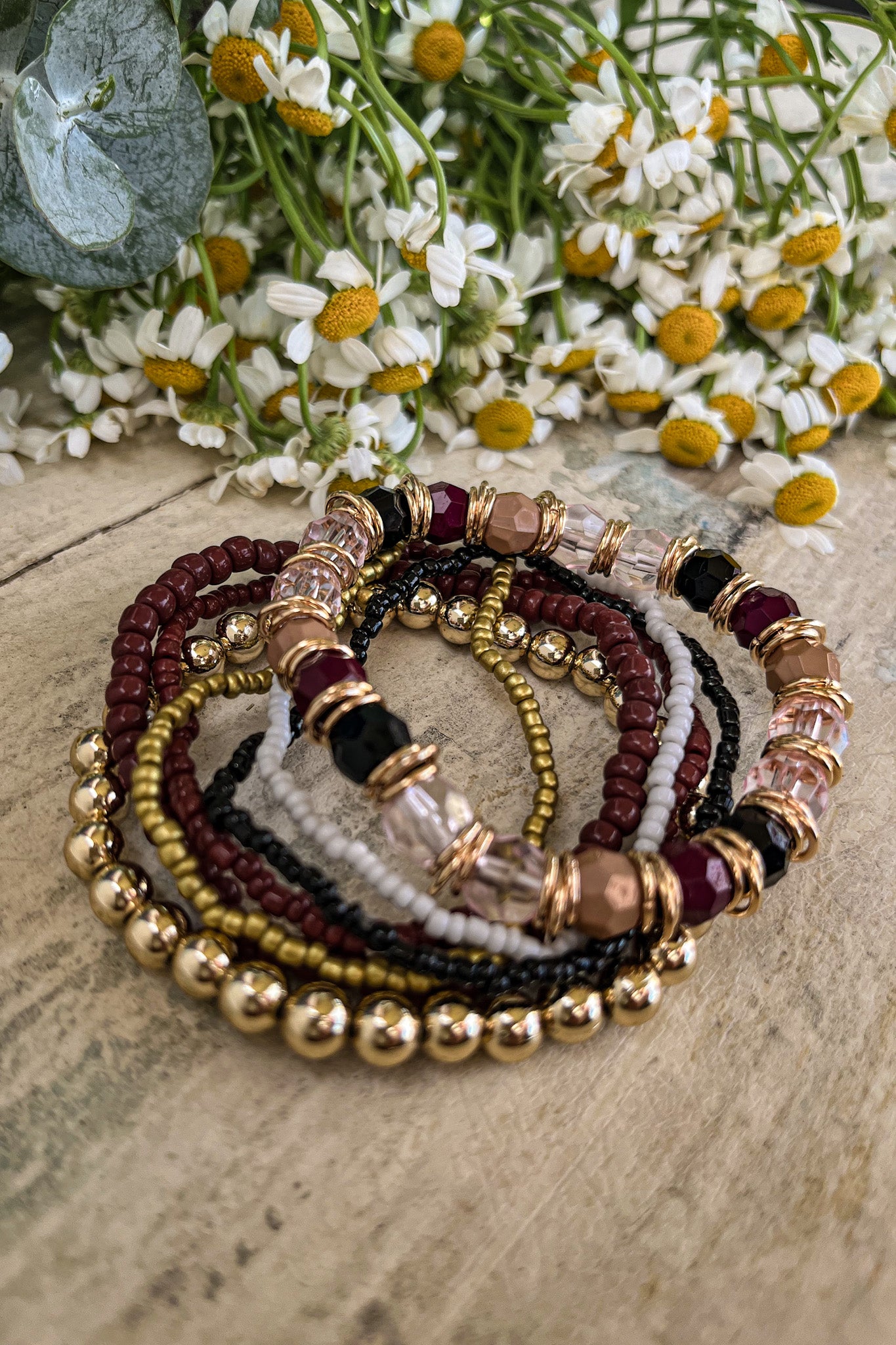 Beautiful Gold and Burgundy Stacking Bracelet Set