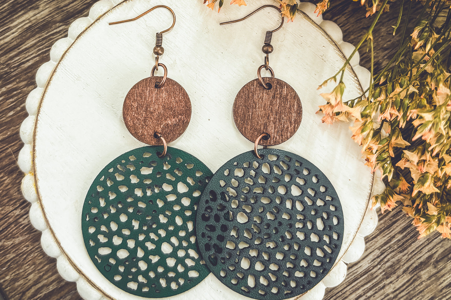 Beautiful Green Leather and Wood Earrings