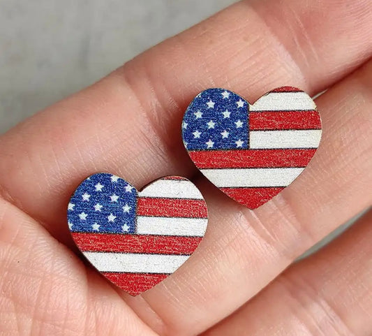 Beautiful Red, White, and Blue Wooden Heart Flag Earrings
