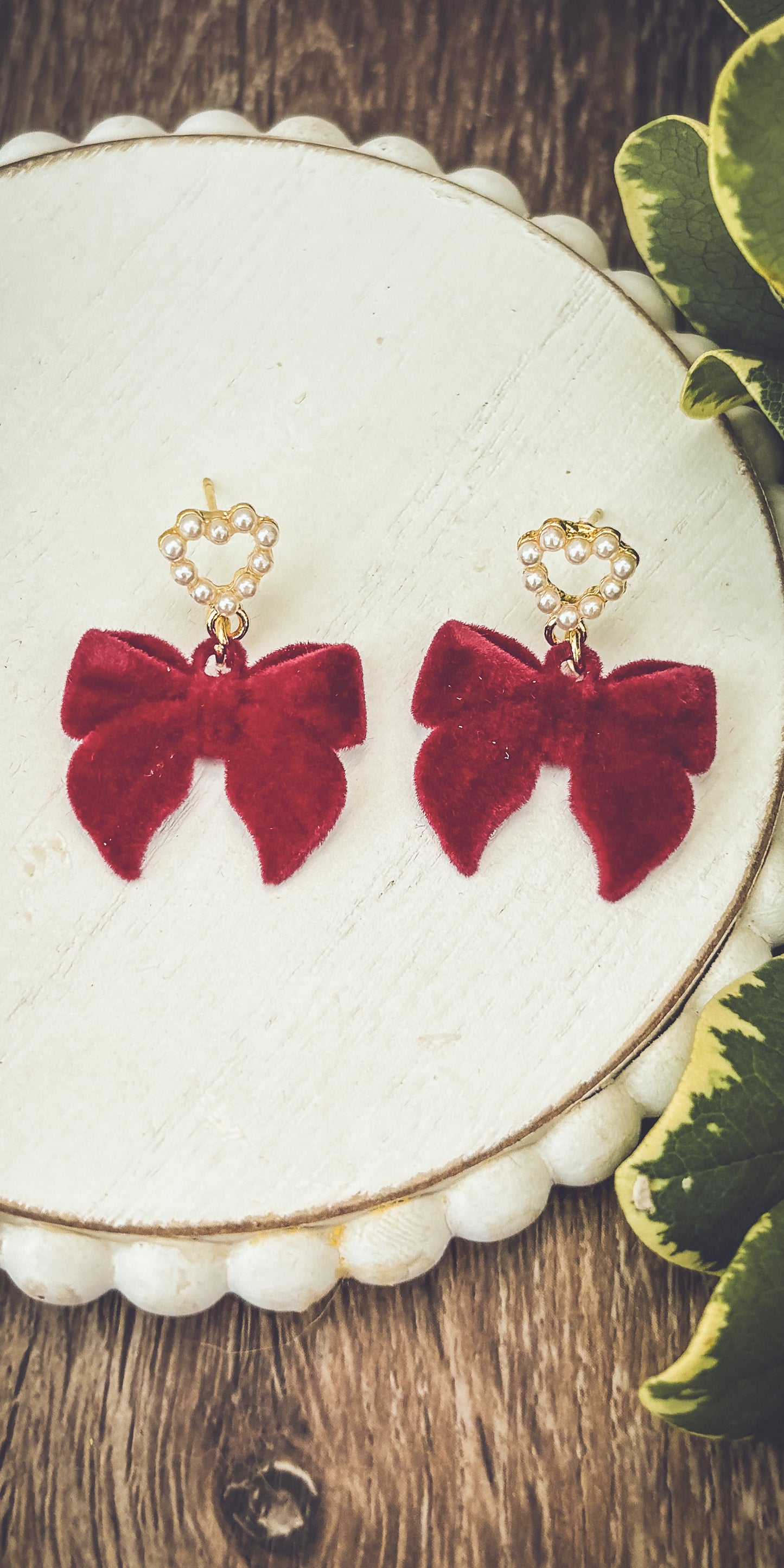 Beautiful Red Bow and Heart Pearl Earrings