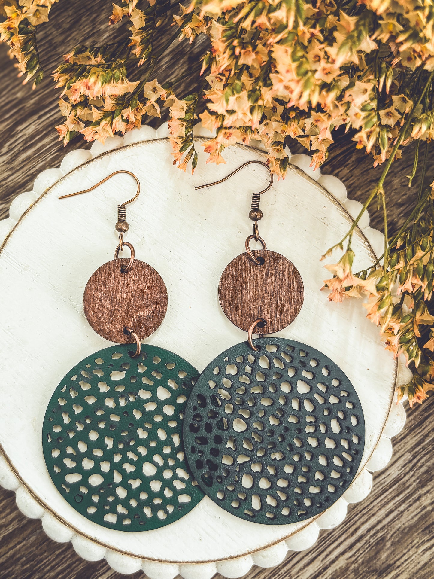 Beautiful Green Leather and Wood Earrings