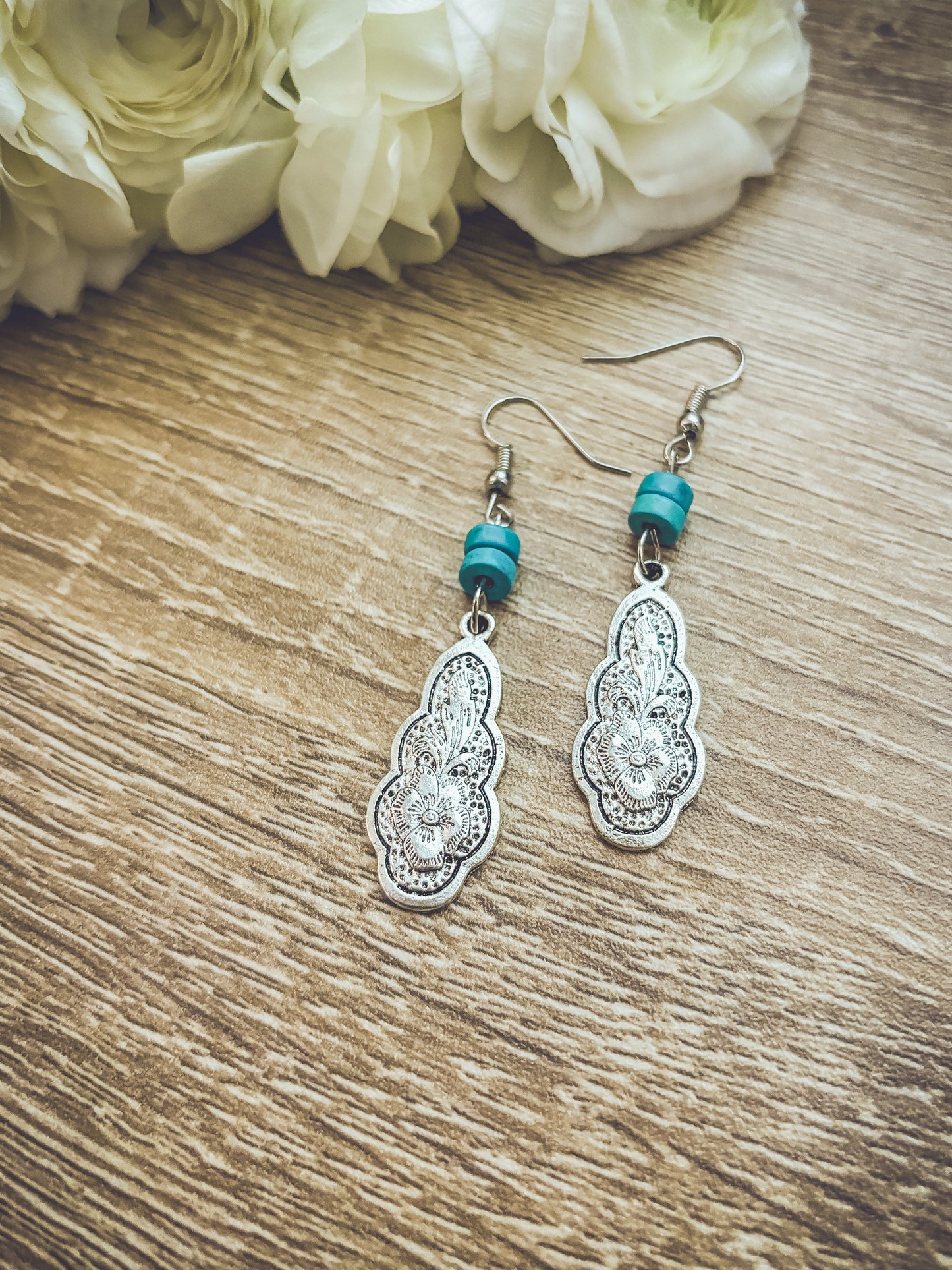 Bohemian Carved Silver and Turquoise Flower Earrings