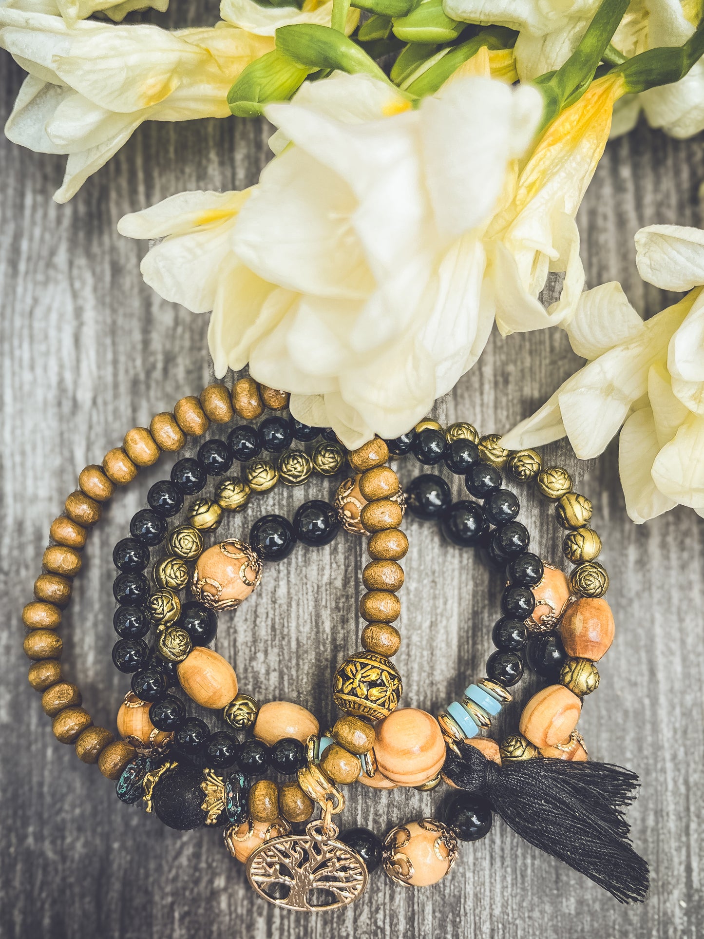 Beautiful Black and Wood Tree of Life Bracelet Set