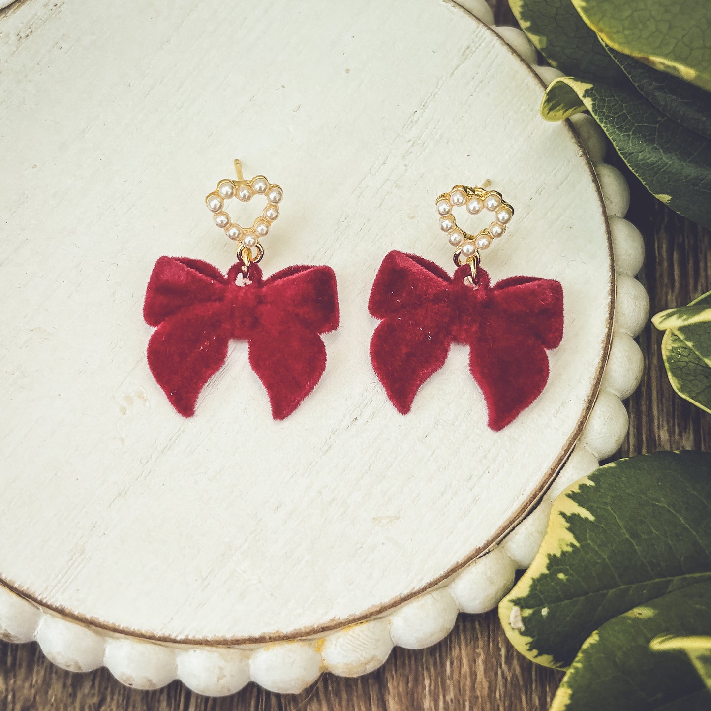 Beautiful Red Bow and Heart Pearl Earrings