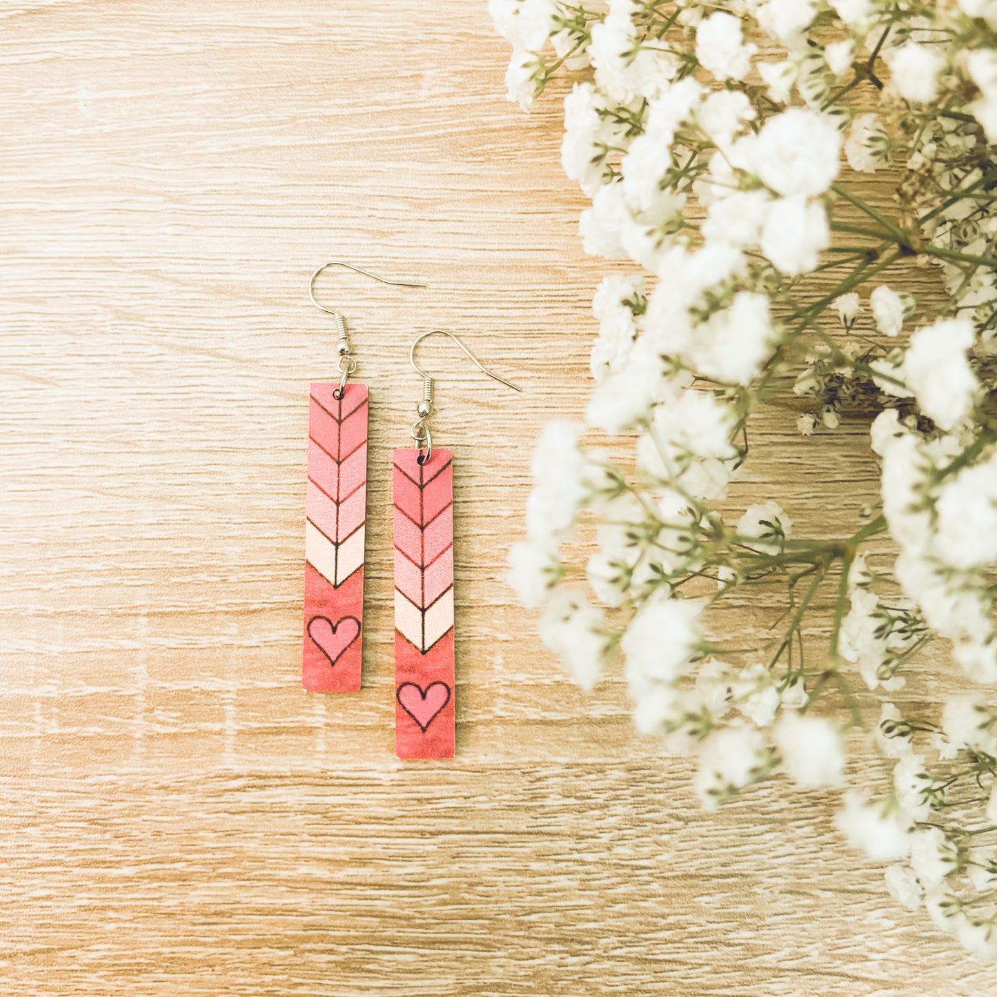 Beautiful Pink Heart Wood Earrings