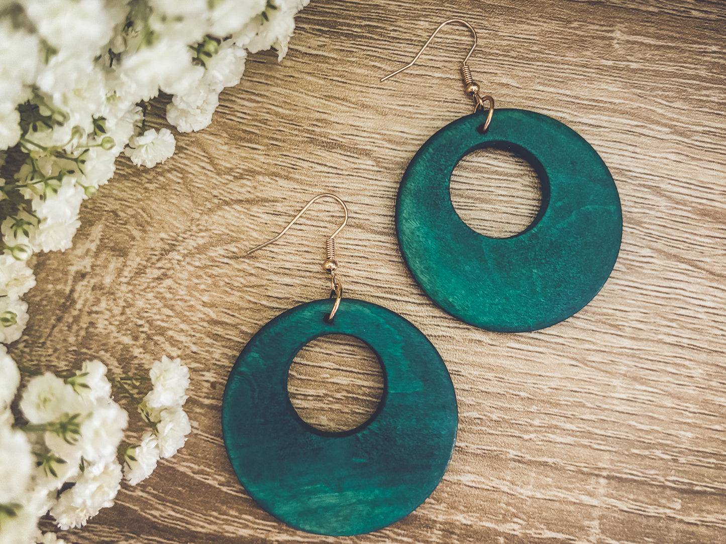 Beautiful Turquoise Wood Circle Earrings