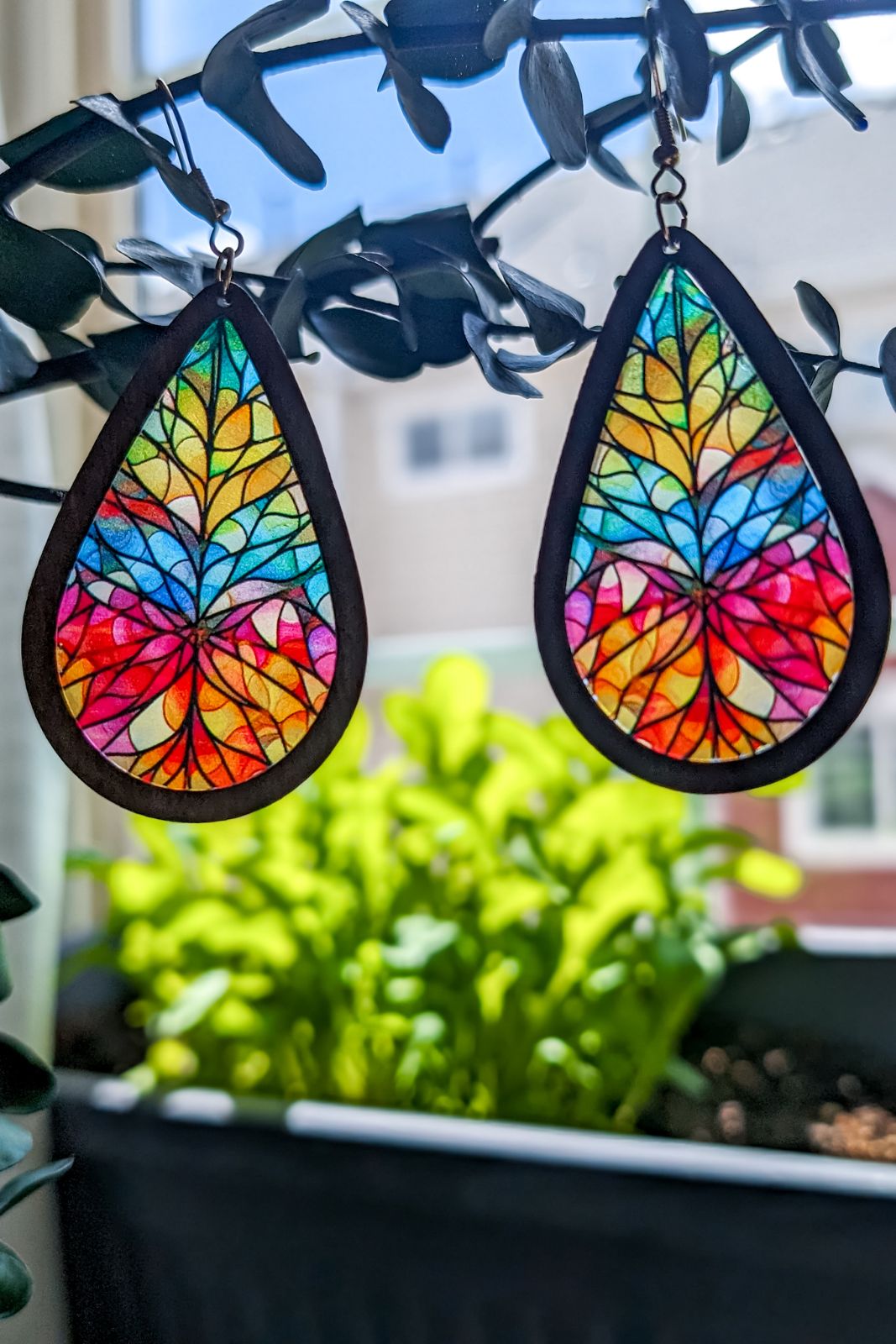 Beautiful Wood and Stained Glass Effect Earrings