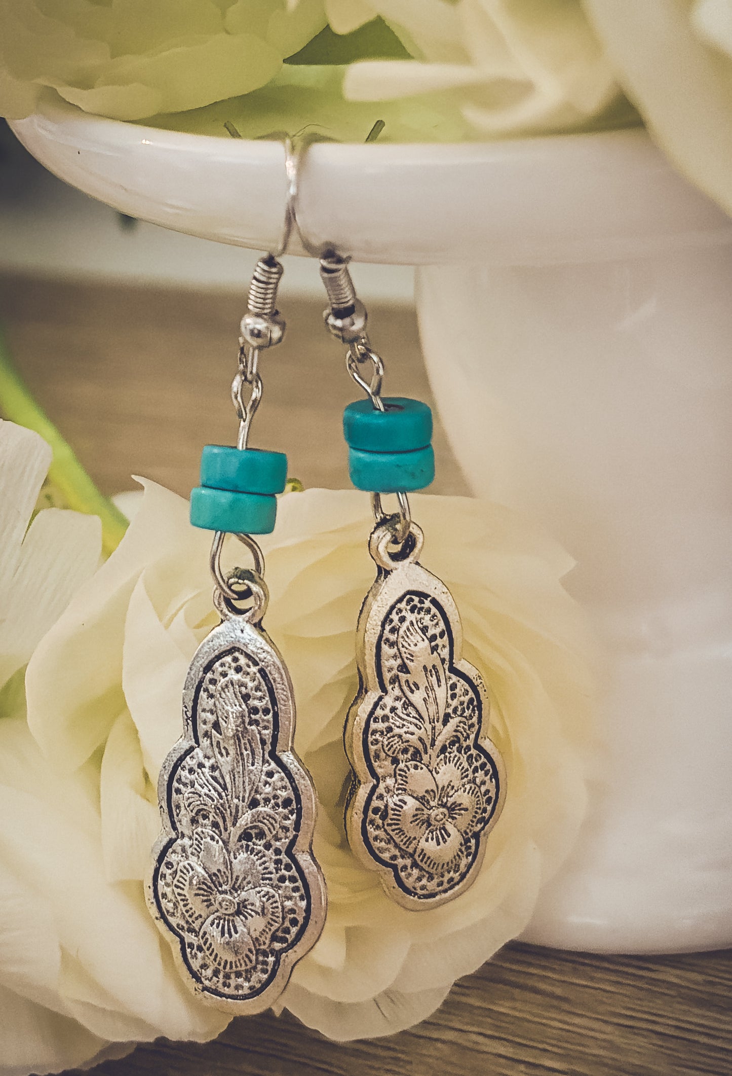 Bohemian Carved Silver and Turquoise Flower Earrings