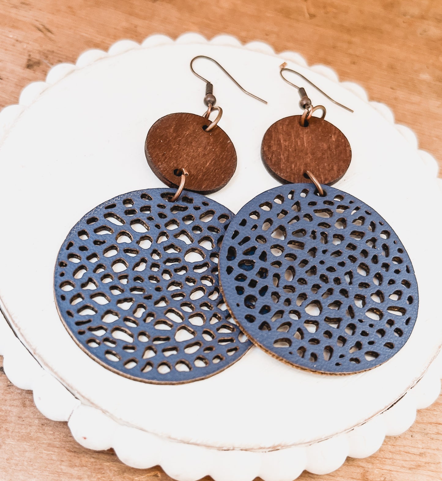 Beautiful Navy Blue Leather and Wood Earrings