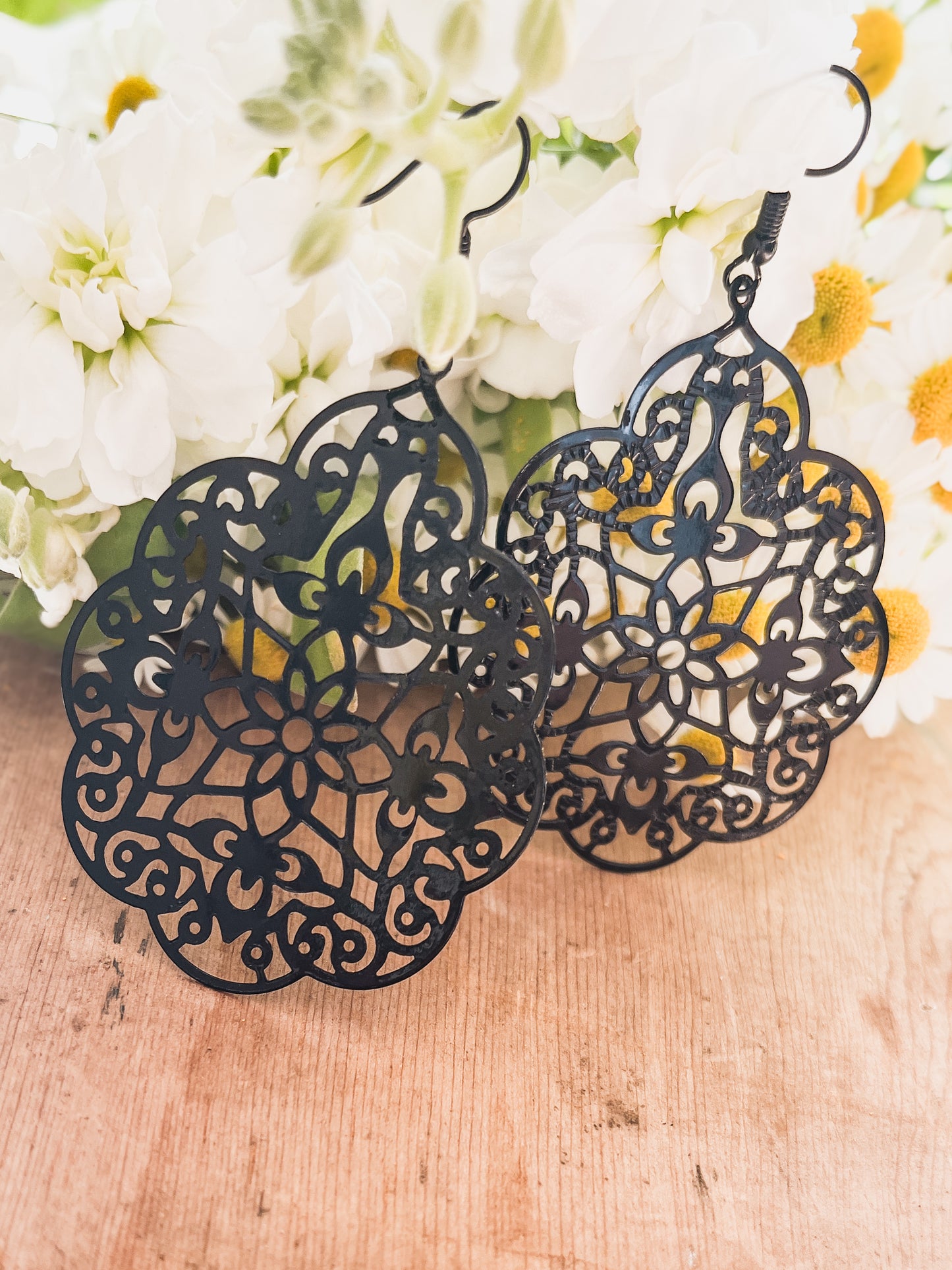 Beautiful Black Ornate Drop Earrings