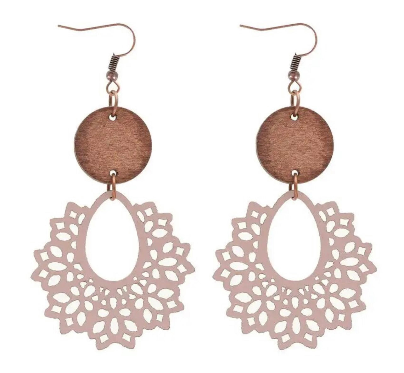 Beautiful Off White Wood Lavender Hued and Leather Earrings