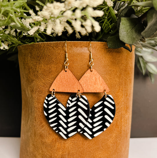 Beautiful Wood and Black and White Geometric Drop Earrings